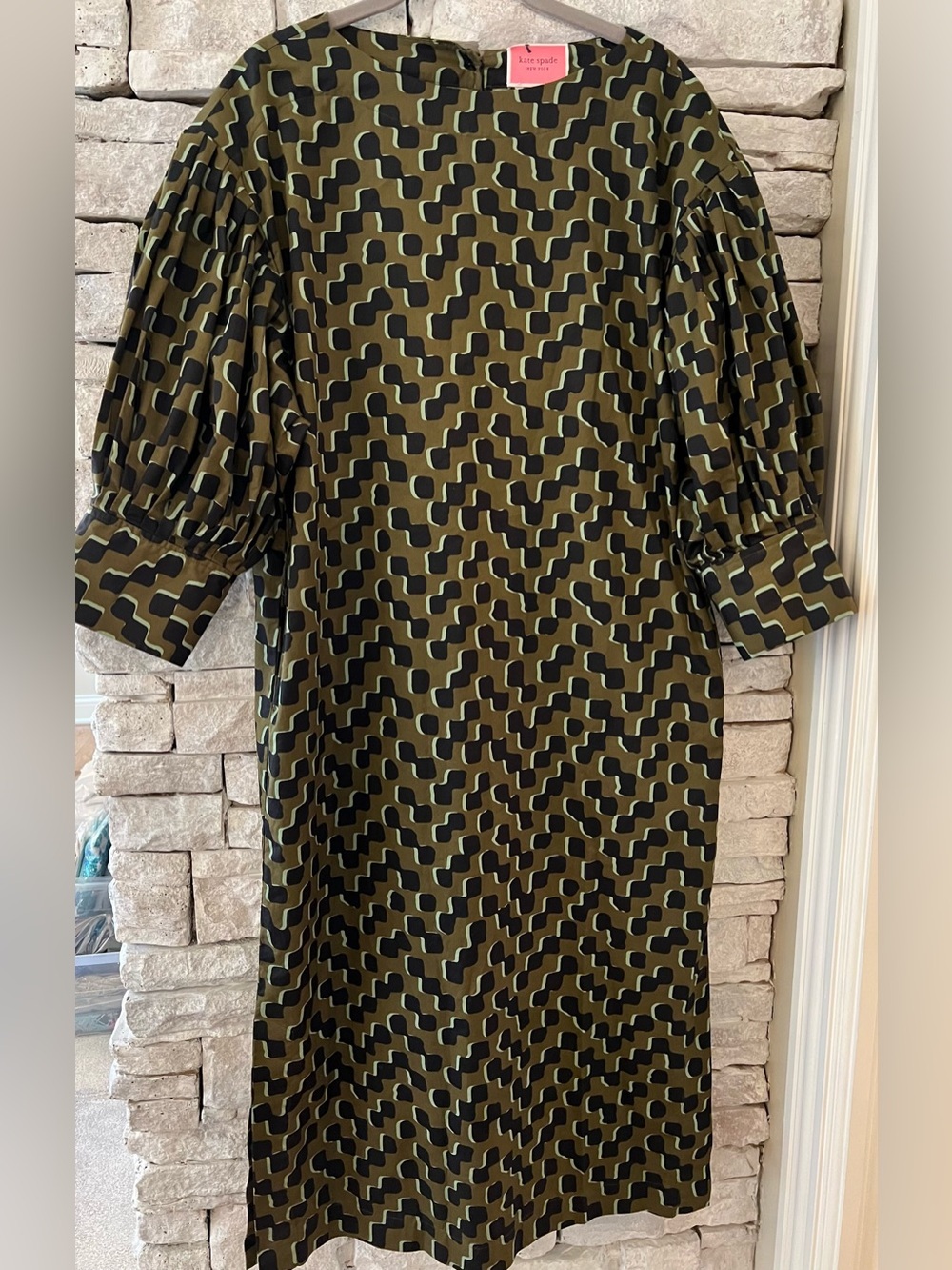 kate spade Olive and Black Geometric Midi Dress with Puff Sleeves